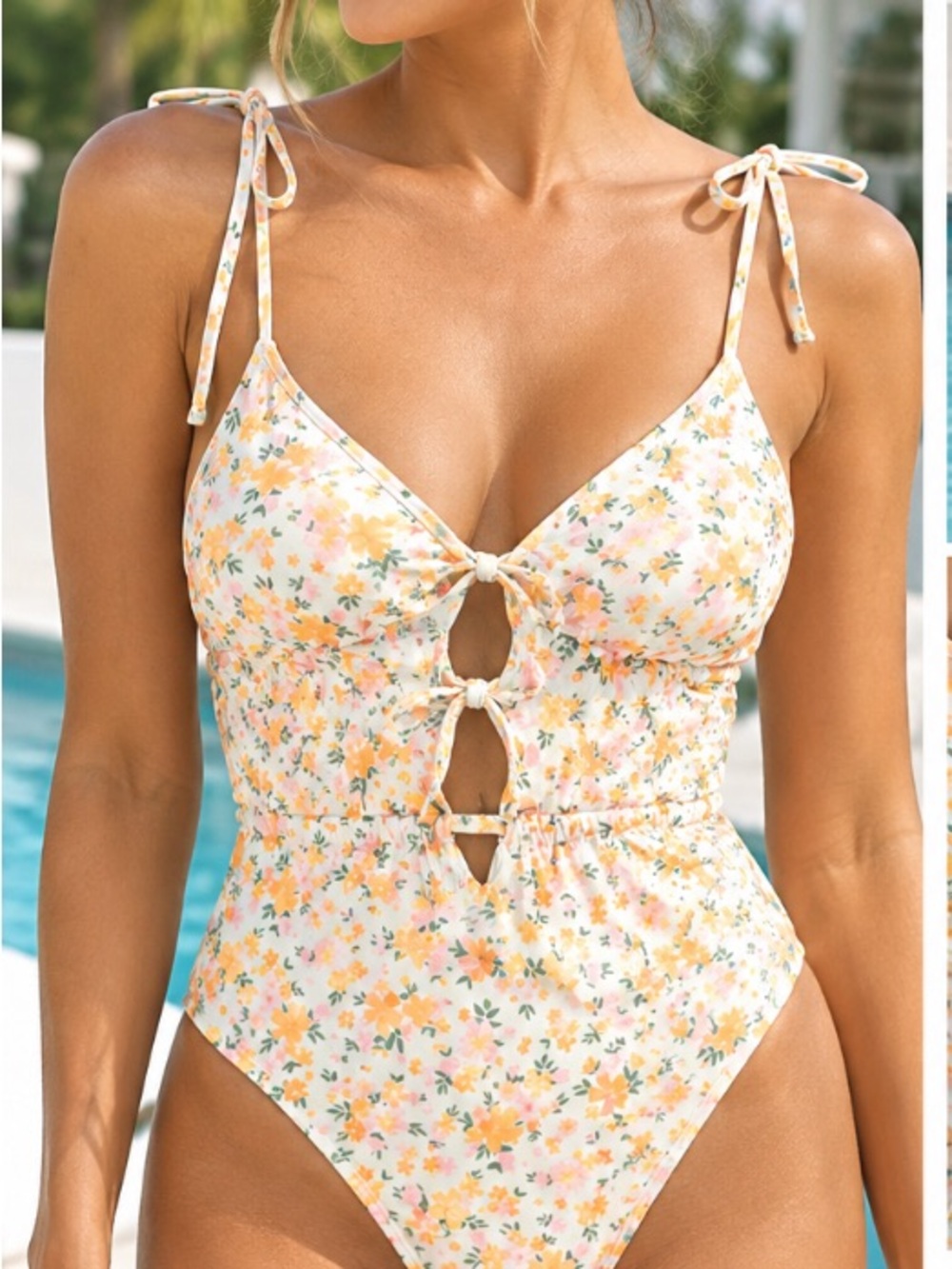 Ninety Floral Tie-Knot One-Piece Swimsuit in White and Yellow